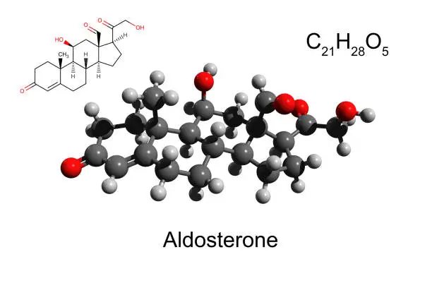 Photo of Chemical formula, skeletal formula and 3D ball-and-stick model of the hormone aldosterone, white background