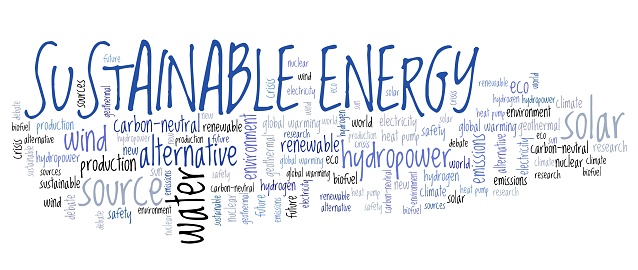 Sustainable energy concept. Alternative energy sources text cloud sign.