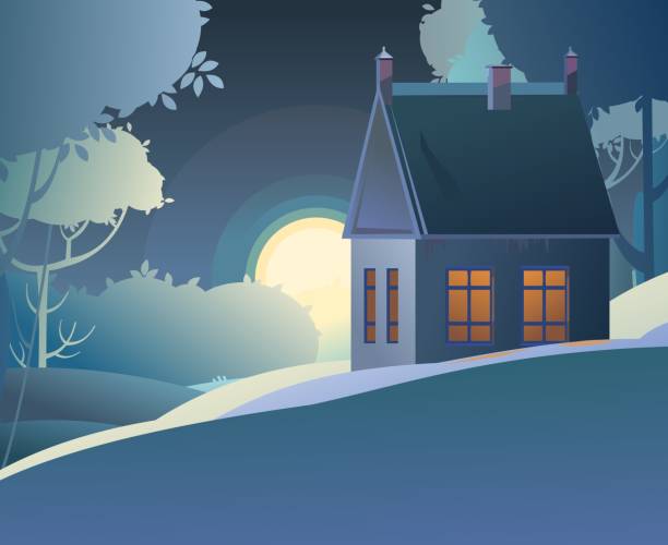 istock Rural house at night with glowing windows. Natural landscape with the moon. Dark landscape with trees and hills. Moonlight. Cartoon flat style. Illustration Vector 1313889581