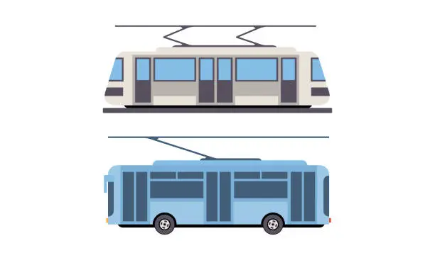 Vector illustration of Tram or Streetcar and Trolleybus as Rail Vehicle Running on Tramway Track Along Urban Streets Vector Set