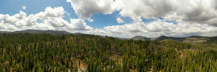 Aerial image of the Sierra mountains in California. Taken in Groveland, CA in Tuolumne County in the afternoon.