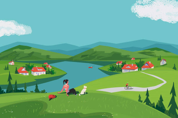 illustrazioni stock, clip art, cartoni animati e icone di tendenza di vettore paesaggistico della scena rurale della green mountain valley - human settlement illustrations