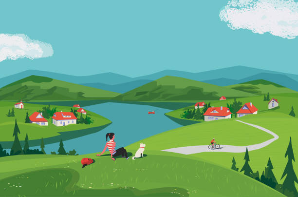 ilustrações de stock, clip art, desenhos animados e ícones de green mountain valley rural scene landscape vector - river valley landscape rural scene