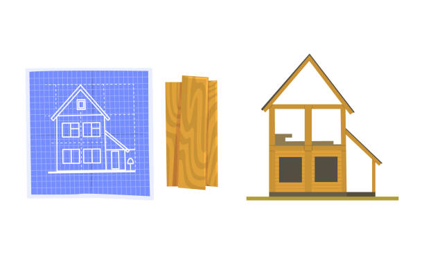 건물 구조물 벡터 세트의 건축 프로세스 및 단계 - basement blueprint real estate house stock illustrations