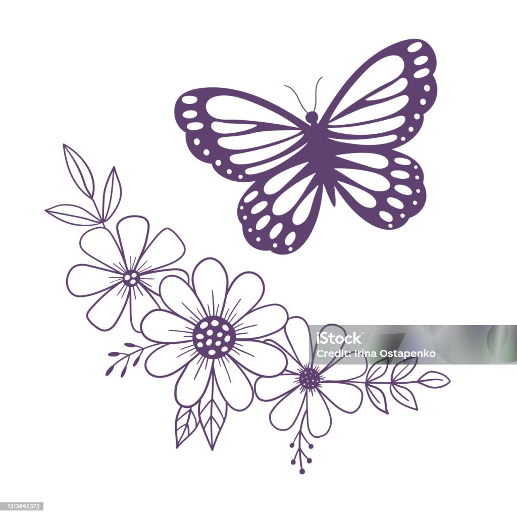 Flowers And Butterfly Outline Drawing Line Vector Illustration ...