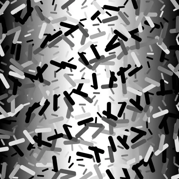 Vector illustration of Flying pills: Rounded grayscale rectangles in striped matrix pattern, random rotation against metallic surface