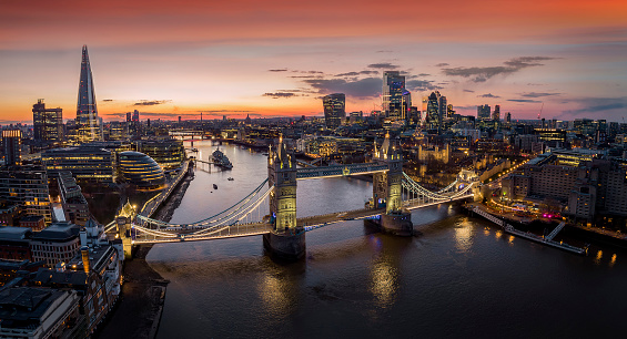 Panoramic, aerial view to the illuminated cityscape of London