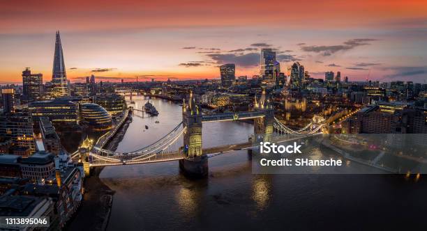 Panoramic Aerial View To The Illuminated Cityscape Of London Stock Photo - Download Image Now