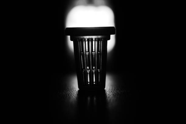 Slices of bread in the basket and glass of water with blurred wooden table  background. Black and white.