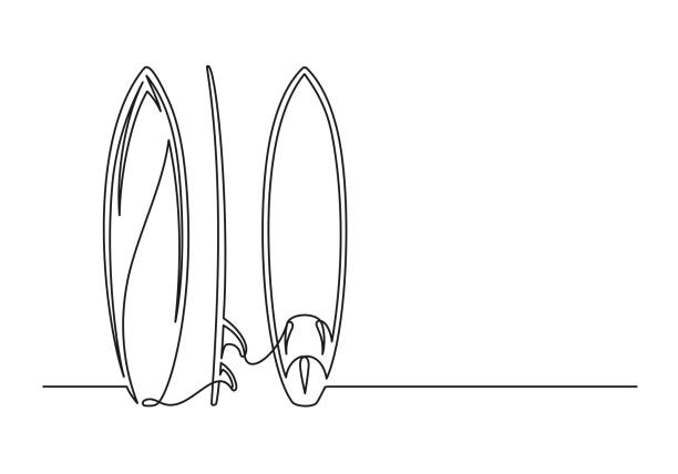 непрерывный рисунок одной линии набора доски для серфинга - surfing wave surf surfboard stock illustrations