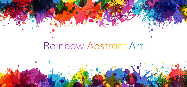Colorful artistic banner with paint splashes design elements. Rainbow colored background.