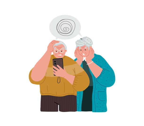 бабушки и дедушки имеют проблемы с их сотовых телефонов. векторная иллюстрация, концепция. - senior couple senior adult senior women grandmother stock illustrations