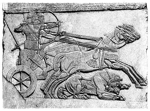 Illustration of a Assyrian warriors hunting a lion (North West Palace, Nimrud).