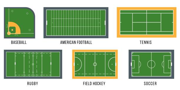 ilustraciones, imágenes clip art, dibujos animados e iconos de stock de pista deportiva establecer ilustración vectorial de vista superior. - rugby soccer grass playing field