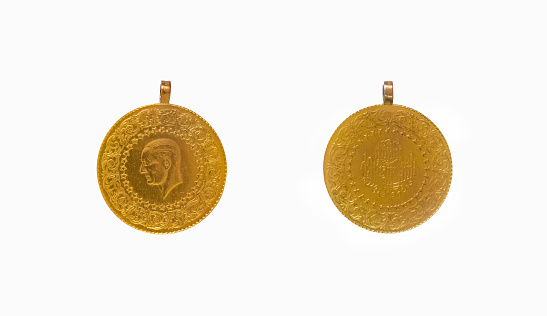 1/4 Turkish Gold Coin Necklace. Isolated On White Background