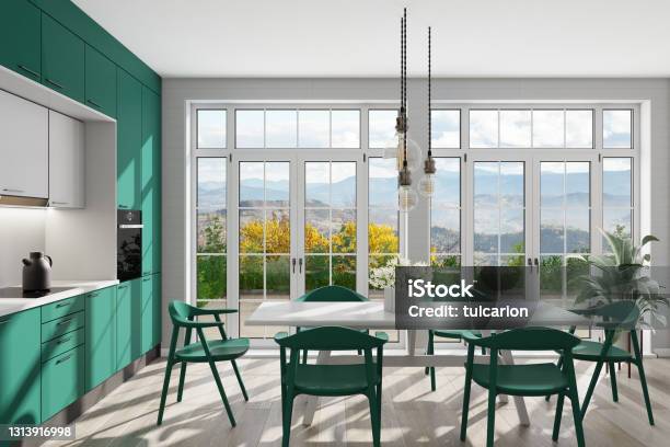 Emerald Green Modern Scandinavian Kitchen With Large Dining Table And Chairs Large Windows Open Space Kitchen Concept Summer Scene Stock Photo - Download Image Now