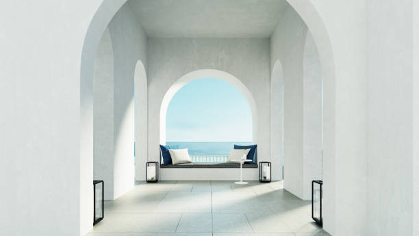 playa de lujo y piscina villa santorini estilo isla - renderizado en 3d - santorini greece villa beach fotografías e imágenes de stock