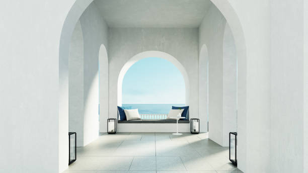 spiaggia di lusso e piscina stile isola santorini - rendering 3d - santorini greece villa beach foto e immagini stock