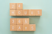 24 hours 365 days; Fourteen wooden blocks with 
