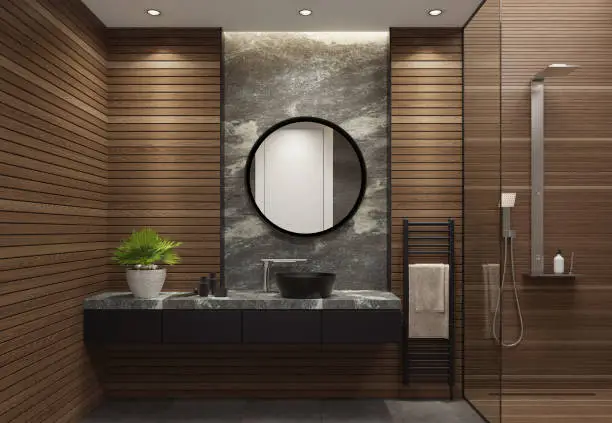 Photo of Modern minimalist bathroom with long wooden planks. Spa bathroom concept