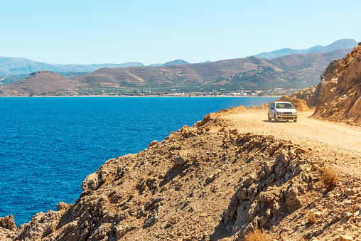 Trip on unpaved road to the famous Balos beach, Crete, Greece