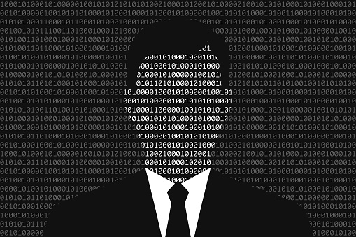 Binary code surface and silhouette of businessman wearing suit. Concept of digital storage of personal data, business information, security of data in digital format. Modern technologies