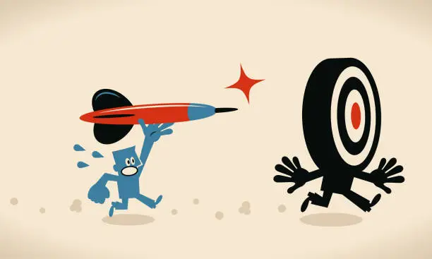 Vector illustration of Blue man is trying to fling the dart forward to the running anthropomorphic dartboard man, concept about chasing a goal