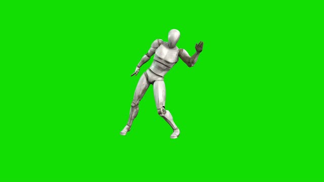 Dancing humanoid robot, performs various movements. Green screen.
