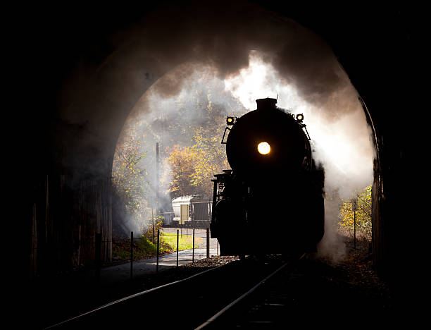 Steam locomotive enters tunnel Old steam train pulling into a tunnel belching steam and smoke train-tunnel stock pictures, royalty-free photos & images