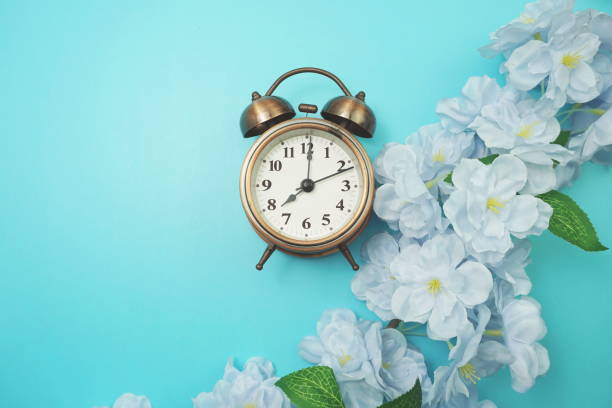 istock Vintage Alarm Clock And Flower Bouquet with space copy on blue background 1313939242