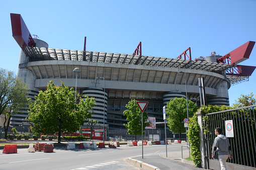 The front view of San Siro or The Stadio Giuseppe Meazza, a football stadium in the San Siro district of Milan, Italy, the home of A.C. Milan and Inter Milano