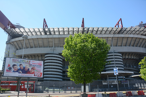 The architecture of San Siro or The Stadio Giuseppe Meazza, a football stadium in the San Siro district of Milan, Italy, the home of A.C. Milan and Inter Milano