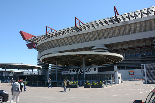 The main entrance of San Siro or The Stadio Giuseppe Meazza, a football stadium in the San Siro district of Milan, Italy, the home of A.C. Milan and Inter Milano