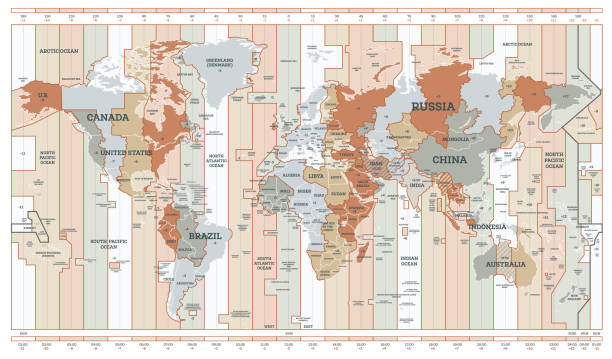 ilustraciones, imágenes clip art, dibujos animados e iconos de stock de mapa de zona horaria. mapa del mundo detallado con nombres de países. - mapa de husos horarios