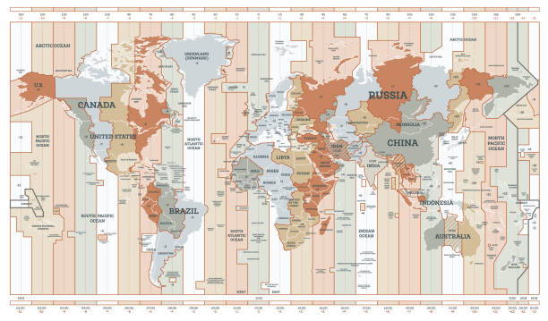 illustrazioni stock, clip art, cartoni animati e icone di tendenza di mappa del fuso orario. mappa del mondo dettagliata con nomi di paesi. - fuso orario