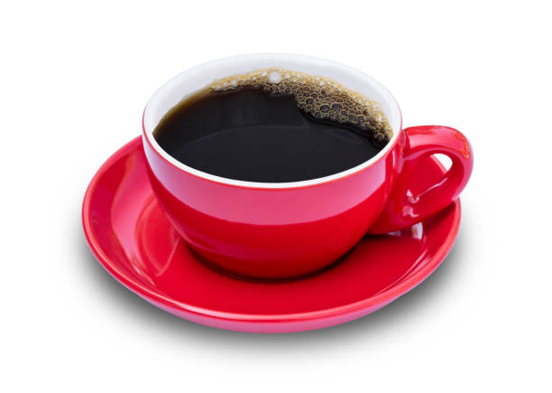 Red coffee cup on blue background.