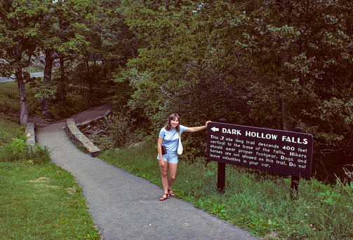 Shenandoah NP - Dark Hollow Falls Trail Sign & Hiker - 1977. Scanned from Kodachrome 25 slide.