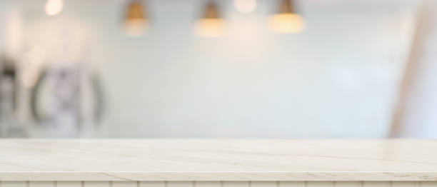 istock Close up view of copy space on marble desk in blurred background, empty marble counter 1313950010