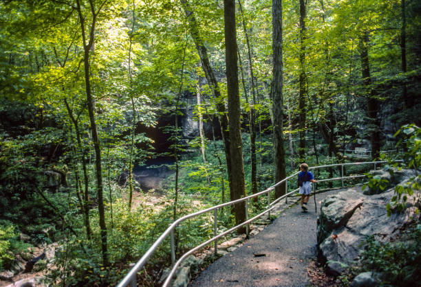 russell cave national monument - fille marchant le long du sentier jusqu’à la grotte - 1991 - 1991 photos et images de collection