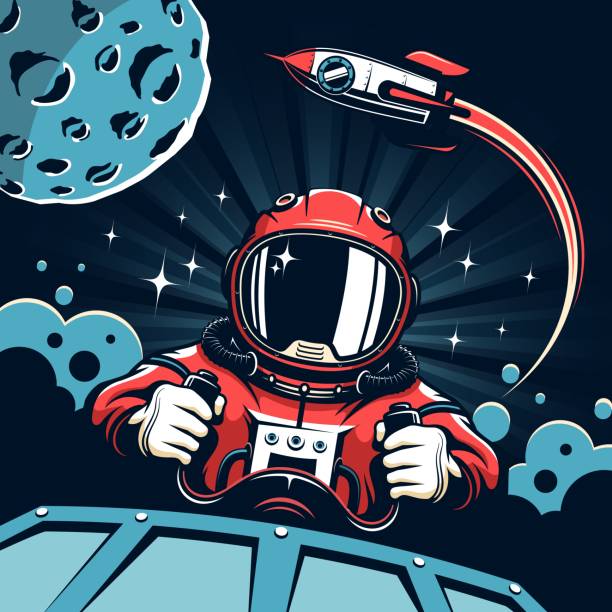 Space poster in vintage style Space poster in vintage style. Astronaut pilot at the helm against backdrop of rocket taking off and planet with craters. Vector illustration. astronaut stock illustrations
