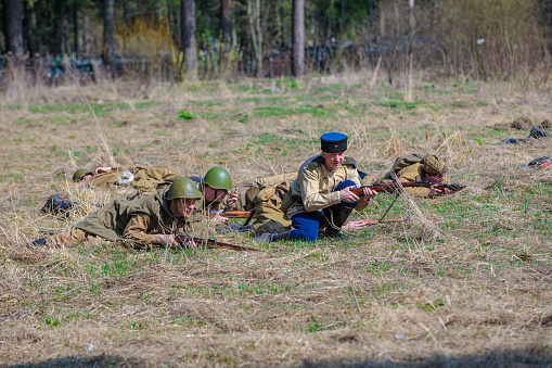 Reconstruction of the Second World War. Russian partisan detachment goes on the attack. The Great Patriotic War. Liberation of Odessa. Zelenograd Russia April 18, 2021