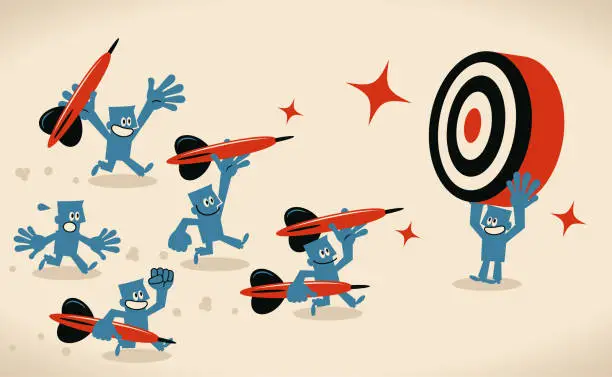 Vector illustration of Group of people is trying to fling their darts forward to the big dartboard held by a leader, a concept about motivating employees to achieve goals