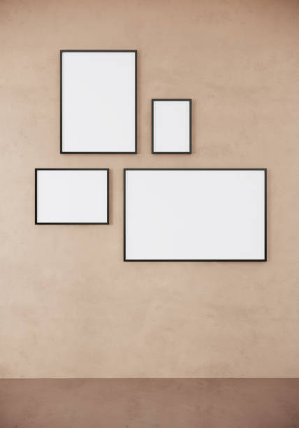 istock Blank picture frames mock up on beige color wall, modern scandinavian room interior, 3d rendering 1313951966