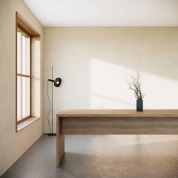 istock modern scandinavian room interior with cream wall, window and wooden table, studio design 3d rendering 1313951976