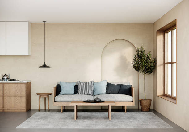 istock Japandi style living room interior design and decoration 3d rendering studio apartment and sunlight from window. 1313951982