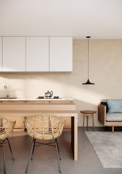 istock japandi modern scandinavian style apartment interior design with kitchen, 3d background vertical 1313951991