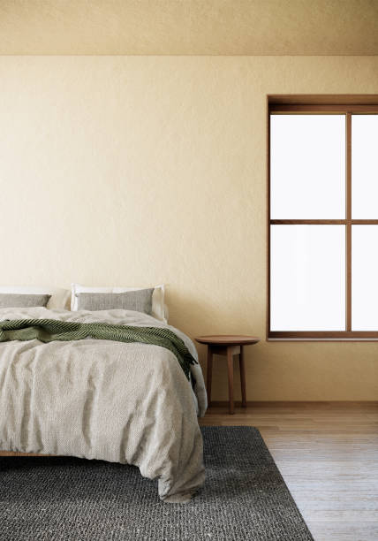 istock Japandi style bedroom interior design with large window. modern scandinavian apartment. 3d render vertical background 1313952016