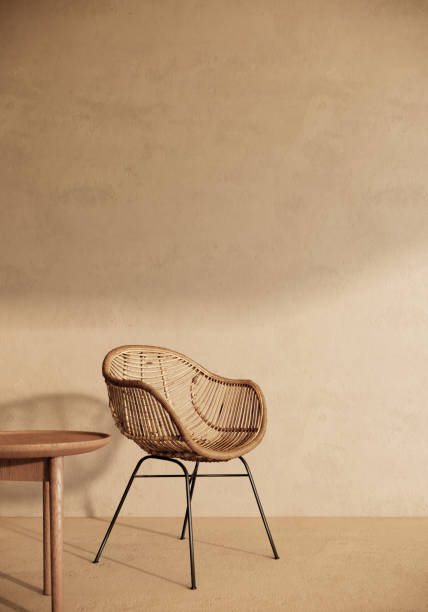 design de interiores estilo japandi com cadeira rattan e pequena mesa de madeira. 3d renderização de fundo vertical - rotim - fotografias e filmes do acervo