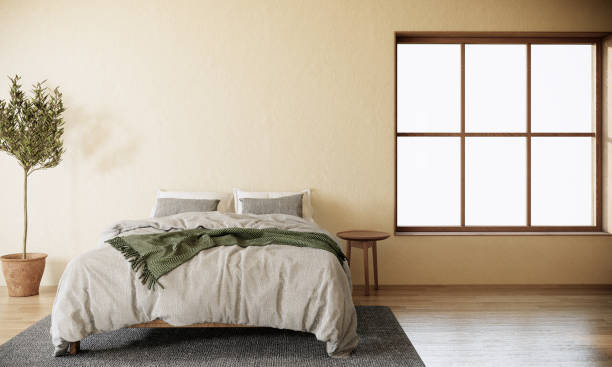istock Japandi style bedroom interior design with large window. modern scandinavian apartment. 3d render background 1313952129
