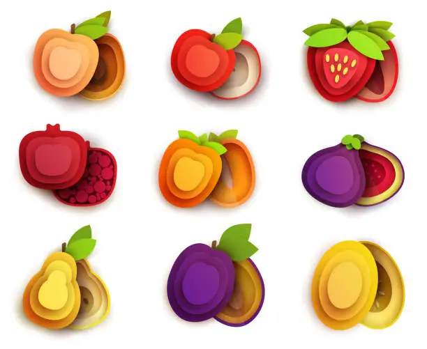 Vector illustration of Collection cartoon icon fruits in layer paper cut style isolated on white background. Figs, apple, pear, cherry, melon, strawberry, peach, pomegranate, persimmon, plum. Vector colorful element.